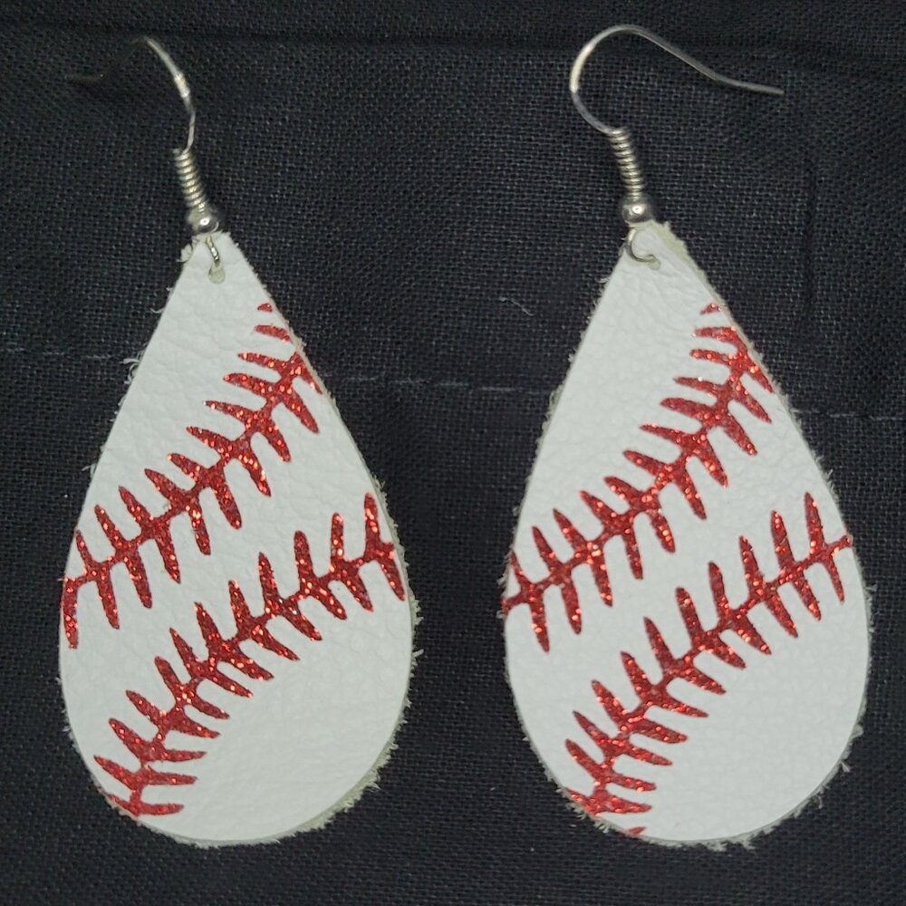 Teardrop Leather Baseball Themed Earrings